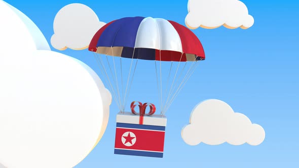 Carton with Flag of North Korea Falls with a Parachute