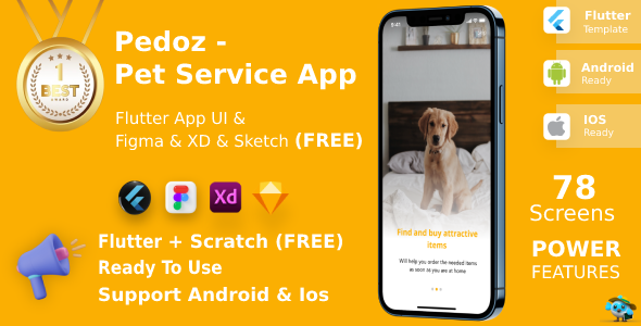 Pet Service App | UI Kit | Flutter | Figma + XD + Sketch FREE | Life Time Update | Pedoz