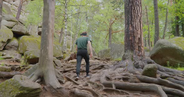 The traveler in the wild forest The Krasnoyarsk Pillars