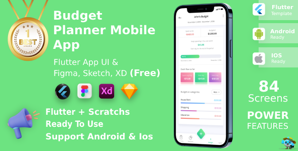 Budget Planner Mobile App | Flutter | Figma + XD + Sketch FREE | Life Time Update
