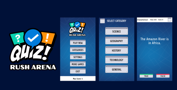 Quiz Rush Arena – Fast HTML5 Trivia Game (Construct 3 Template)