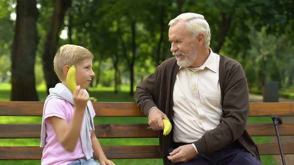 Granddad and Grandson Playing Musketeers, Fighting Bananas, Funny Game, Joke