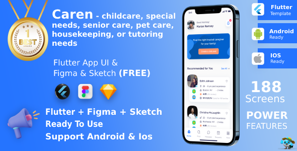 Caren - childcare, special needs, senior care, pet care, housekeeping Kit Template | Flutter | Figma