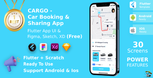 Car Booking & Sharing App ANDROID + IOS + FIGMA | UI Kit | Flutter | Cargo | Life Time Update