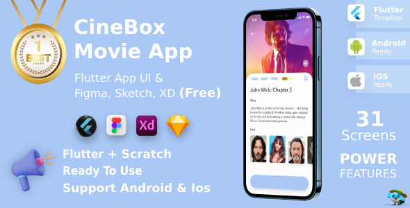 Online Movie Streaming & Booking ANDROID + IOS + FIGMA + Sketch | UI Kit | CineBox | Flutter
