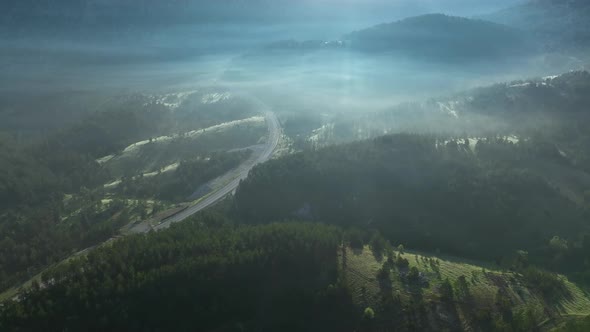 Foggy morning in the mountains aerial view 4 K Turkey