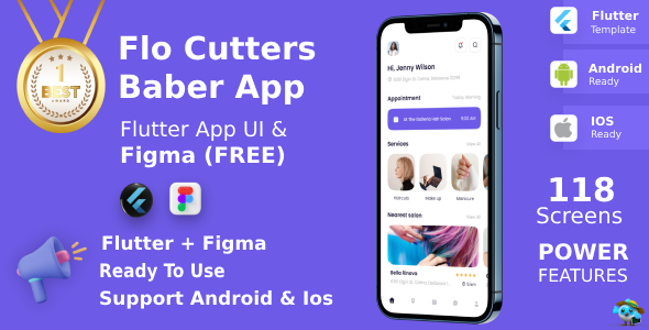 Flo Cutters ANDROID + IOS + FIGMA | UI Kit | Flutter | Beauty Salons, Spa, Massage, Barber Booking