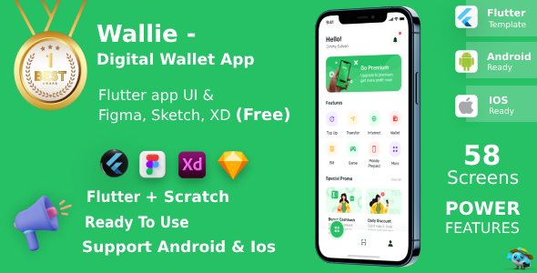 Digital Wallet App ANDROID + IOS + FIGMA + XD + Sketch + Invision Studio | UI Kit | Flutter | Wallie