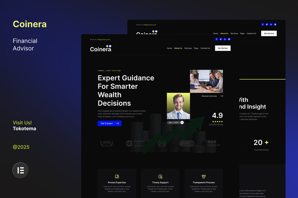 Coinera - Dark Financial Advisor & Coaching Website Elementor Template Kit