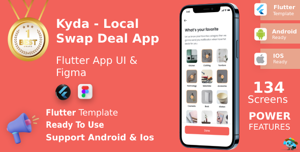 Kyda ANDROID + IOS + FIGMA | UI Kit | Flutter | Life Time Update | Local Swap Deal App