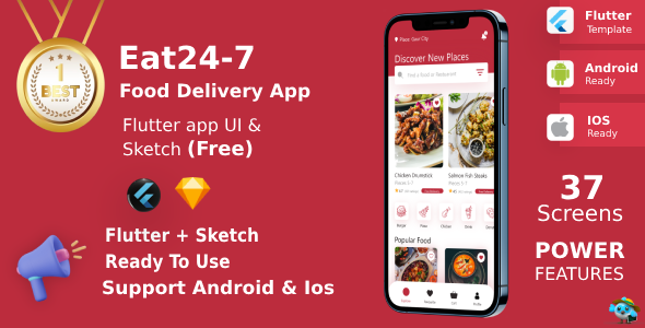 Eat 24/7 ANDROID + IOS | UI Kit | Flutter | Food Delivery App | Sketch