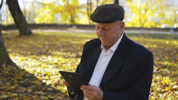 Senior Man Browses Tablet Screen Comments and Smiles When Resting on a Bench