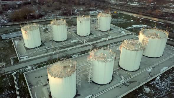 Aerial footage of big fuel reservoires in petrol industrial zone