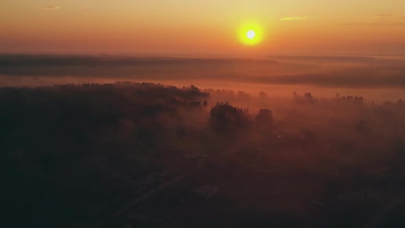 Flying Over the Morning Fog Spring Dawn