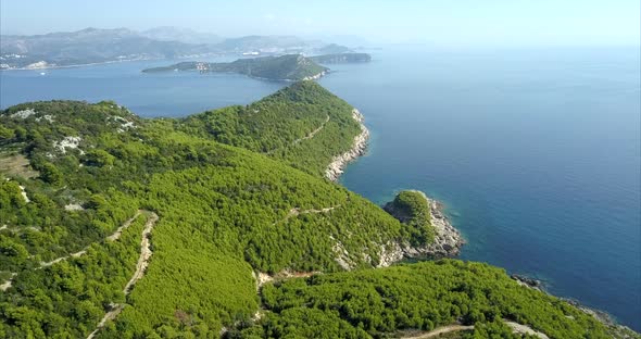 Aerial footage of mountain roads in Croatia, Dubrovnik. beautiful landscape with clear blue sea and