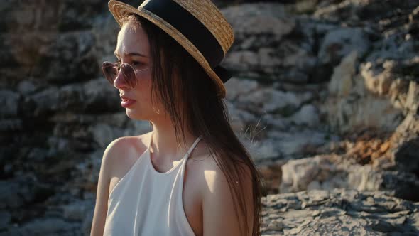 Girl in Straw Hat and Sunglasses Summer Portrait