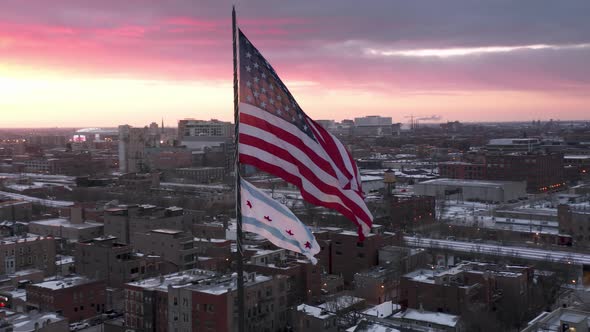 American Flag Waving in Slow Motion on Pink Sunset Background USA  Winter
