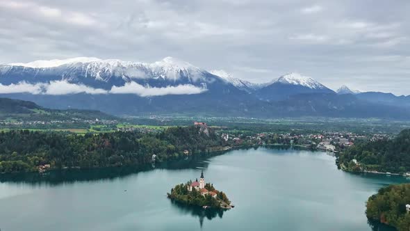 Aerial View Of Bled Lake And Julian Alps Landscape, Slovenia