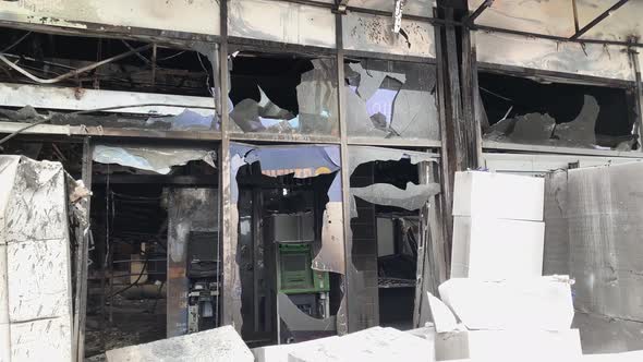 Bucha, kyiv, Ukraine 01.04.2022: War in Ukraine. Shopping center destroyed by russian military force