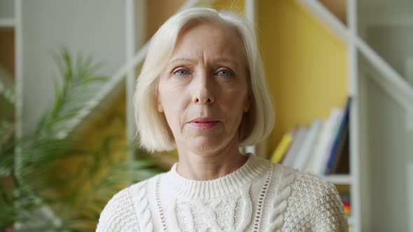 Smiling Middle Aged Mature Grey Haired Woman Looking at Camera, Happy Old Lady Posing at Home Indoor