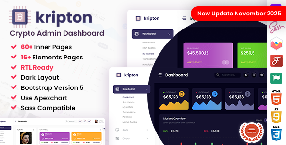 Kripton - Crypto HTML, React, Angular & Laravel Admin Dashboard Template + RTL Ready