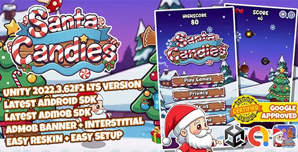 Santa Candies - Unity 2022 Game Source Code | Admob Ready | Easy Reskin & Passive Income