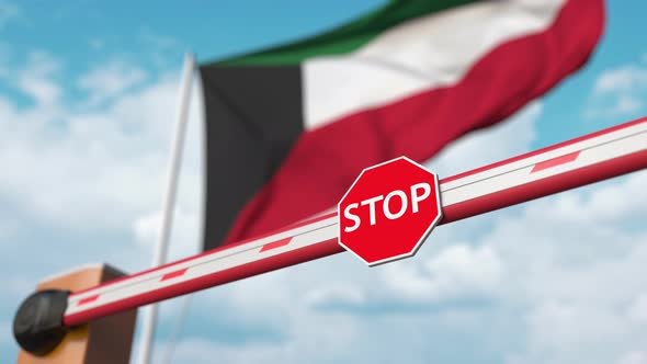 Opening Boom Barrier with Stop Sign at Flag of Kuwait