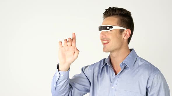 Man using visual reality headset on white background