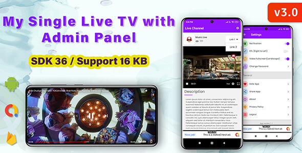 My Single Live TV Android App with Admin Panel (Android 16 supported)