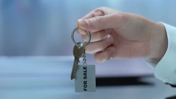 For Sale Written on Keychain Businessman Demonstrating, Real Estate, Purchase