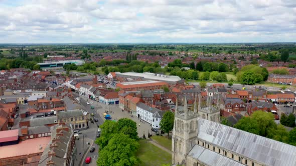 Aerial footage of the historical Selby Abbey in the town of Selby in York North Yorkshire in the UK 
