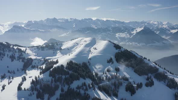 Aerial view of mountain peak in wintertime, Lucerne, Switzerland.