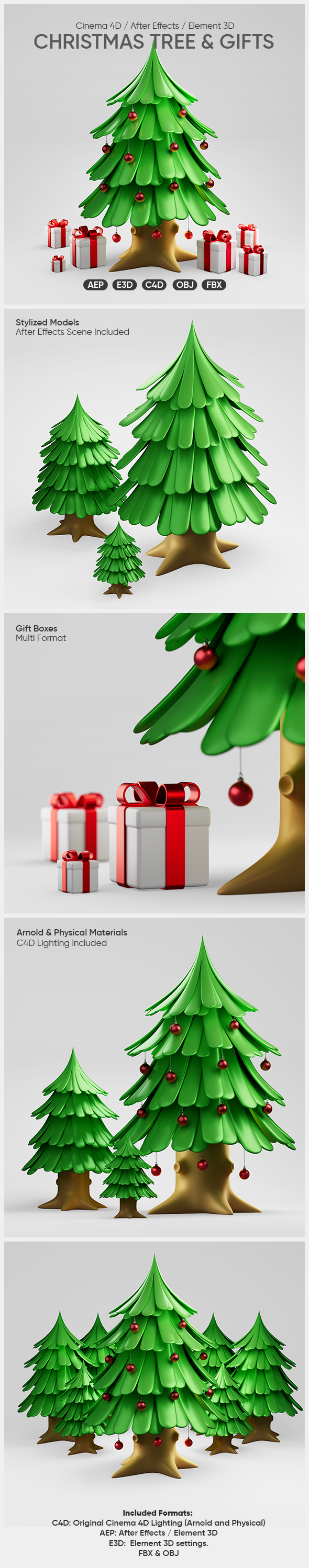 Christmas Tree with Wrapped Gifts 3D Models for Element 3D & Cinema 4D