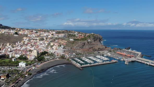 Drone approaching San Sebastian de La Gomera, Canary Islands, Spain