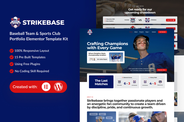 StrikeBase - Baseball Team & Sport Club Elemtor Template Kit