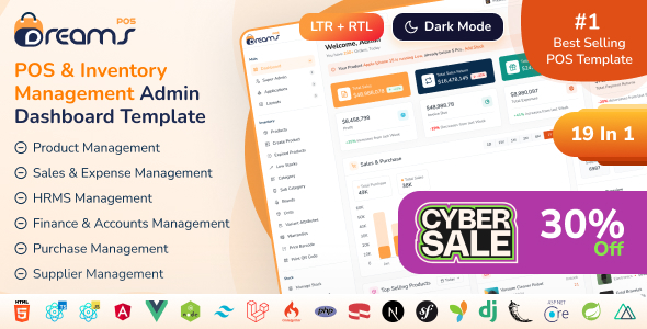DreamsPOS - POS, Sales Analytics & Inventory Management Dashboard (React, Tailwind, Nextjs, Angular)