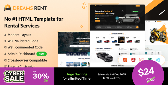 Dreams Rent - Vehicle, Car, Bike & Yacht Rental Booking Template (HTML, React, Laravel)