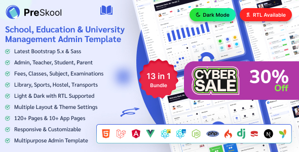 PreSkool - School ERP & Education Management Admin Dashboard (React, Next.js, Laravel, Vue, Angular)
