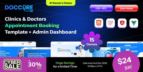 Doccure - Clinic & Hospital Appointment Booking Admin Template (HTML, Angular, Vue)