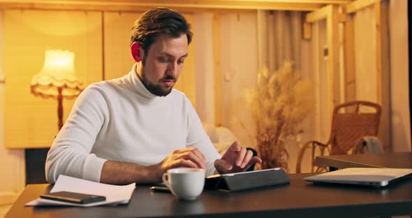 Happy Disabled Handicapped Middle Aged Man Sit on Wheelchair Typing on Digital Tablet Enjoy Using alt