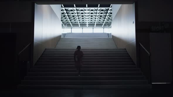 Worried Schoolgirl Walk Down Empty Stairway Alone