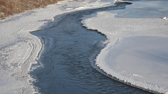 River Flowing Under Frozen Ice Sheets