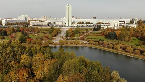 Pond in Victory Park in Autumn in Zelenograd of Moscow, Russia