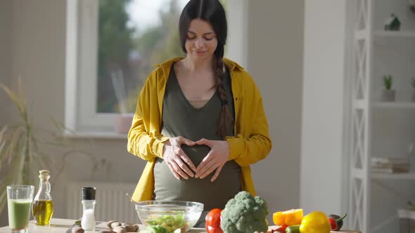 Portrait of Young Happy Pregnant Woman Gesturing Heart Shape on Belly Looking at Camera Smiling