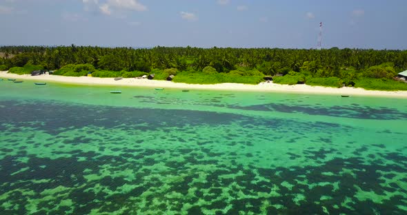 Tropical fly over travel shot of a paradise sunny white sand beach and aqua blue ocean background 