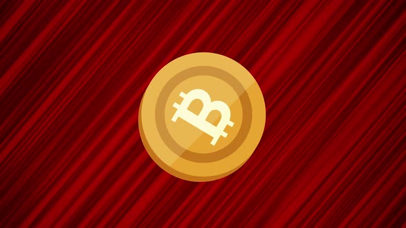 Flying bitcoin on red background. Looped animation of throwing crypto. Moving BTC cryptocurrency alt