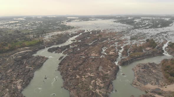 Aerial: flying over Don Det and the 4000 islands Mekong River in Laos