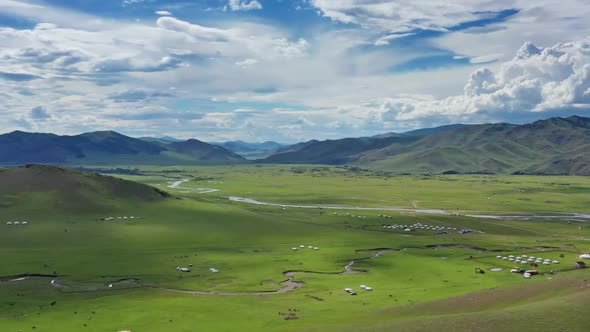 Aerial View of Yurts in Steppe in Mongolia