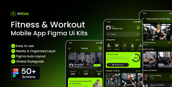 Fitova-Fitness & Workout Mobile App Figma UI Kits