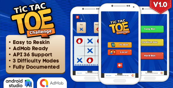 Tic Tac Toe Challenge - Puzzle Game Android Studio Project with AdMob Ads + Ready to Publish